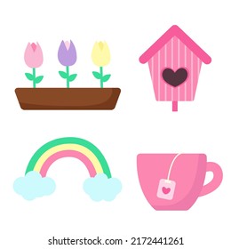 Set of spring elements. Flowers in pot, bird house, rainbow and cup with tea. Print for sticker pack, clothes, textile, seasonal design and decor. Illustration in pastel colors. 