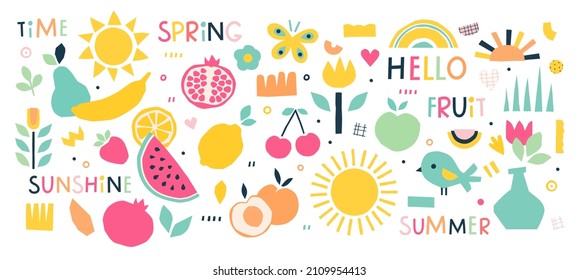 A set of spring elements with fruits, sun, flowers. Vector objects in a modern style. For scrapbooking design