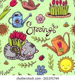 Set of spring elements and labels. Cute cat with tulips, flowerbed, tulip, watering can, bird with flower, flowers, sun, spring.