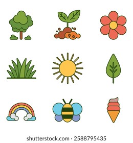 Set of spring elements with outline. Spring stickers for poster and greeting cards. Hand drawn vector illustration.