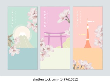 Set of spring festival brochure cover template design, Japan landmarks decorated with pink sakura flowers
