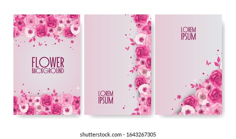 Set of Spring Festive flowers design, decorations, paper cut style banner with flower, butterfly. Background for 8 March, International Women's Day, Happy Mother's Day, Happy Easter day
