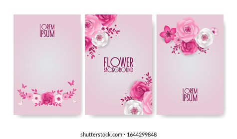 Set of Spring Festive flowers design, decorations, paper cut style banner with flower, butterfly. Background for 8 March, International Women's Day, Happy Mother's Day, Happy Easter day