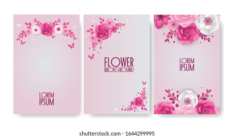 Set of Spring Festive flowers design, decorations, paper cut style banner with flower, butterfly. Background for 8 March, International Women's Day, Happy Mother's Day, Happy Easter day