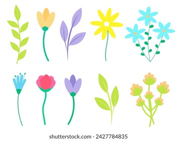 Set of spring flat flowers on isolated background. Flat illustration of a plant. Spring flowers, elements for design. Vector illustration