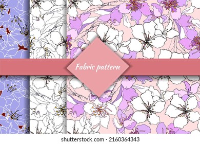 Conjunto de telarañas florales de primavera, pequeñas flores delicadas de almendras y sakura dibujadas a mano para tela y textiles domésticos