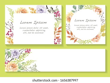 Set of spring floral backgrounds with text space isolated on a yellow green background, vector illustration.