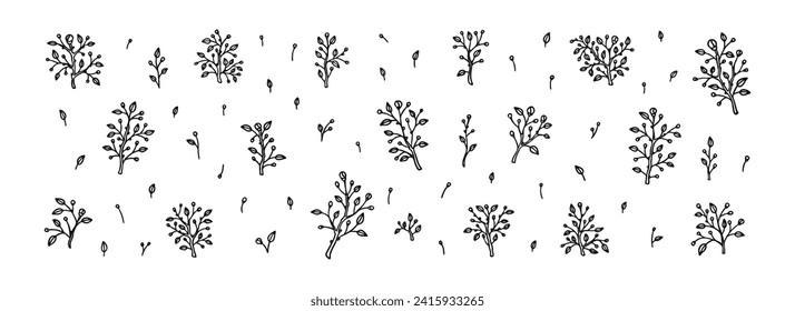 Set of spring floral branches. Flowering plant with buds and leaves linear vector illustration. Line art logo, wedding, greeting card design element. Greenery tattoo drawing. Simple outline plant