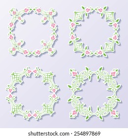 Set of spring floral decorative calligraphic elements isolated on white gray background with shadows. Round frames in paper cut design, green and pink. Page decoration. Vector illustrations.