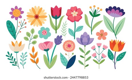 Conjunto de Elementos florales de primavera mínima ilustración de colección plana aislada de Vector pro sobre fondo blanco.