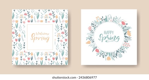 Set of Spring Floral Greeting Cards. Cute abstract wildflowers and twigs. Round Botanical frame and seamless pattern. Template to design holiday card, invitation, flyer, banner