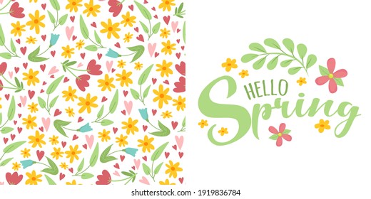 Conjunto de patrones florales primaverales con flores y hojas sobre fondo blanco y texto de escritura Hola Primavera. Un bonito fondo natural. Idea para el diseño textil de primavera de moda, banner.