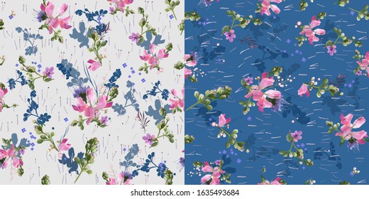 Set of spring floral patterns with field plants. Seamless romantic vector pattern with flowers, on gray and blue background. For textiles, bedding, fabrics, wallpapers, tiles.