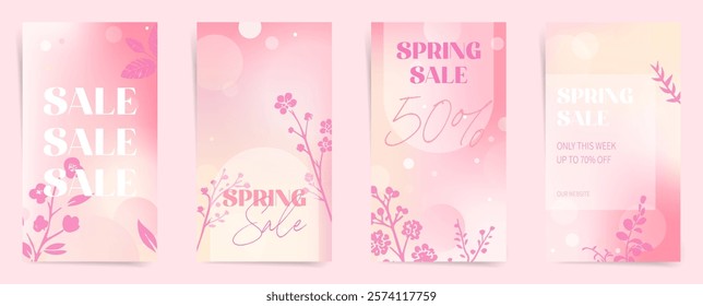 Set of Spring Floral Posters. Elegant modern art template designs. Invitation and greeting card layouts with pastel floral patterns. Pink gradient banner and flyer set for seasonal promotions.