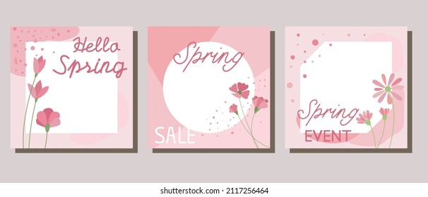 Conjunto de plantilla de vector floral de primavera. Promoción de primavera, venta, colección de marcos de eventos de tienda. Ilustración vectorial.