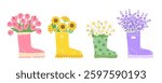 Set of Spring Flower Bouquets Emerging from a Rubber Boot, Featuring Tulips, Sunflowers, Daisies, and Lavender