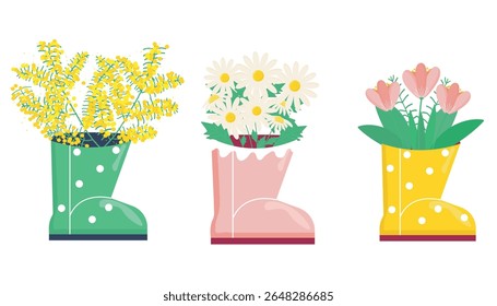 Conjunto de buquês de flores de primavera emergindo de uma bota de borracha.