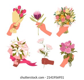 Set of spring flower bouquets. Natural botanical attention gift, international women day, spring blooming plants composition, floral arranged bunch cartoon vector illustration
