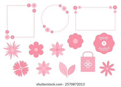 Set of spring flower icons and sale design elements. Pink organic environment badges and frames. Ecology sticker collection isolated on transparent background 