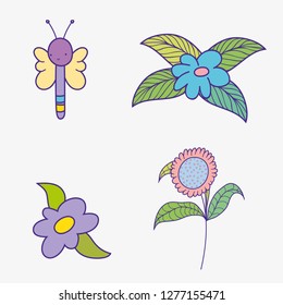 set spring flower with leaves and dragonfly