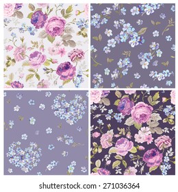 Set Of Spring Flowers Backgrounds - Seamless Floral Shabby Chic Pattern - In Vector