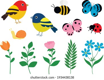 Set spring flowers birds insects vector illustration