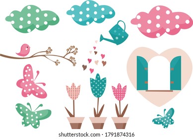set of spring flowers and birds vector illustration