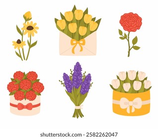 Set of spring flowers. Bouquets of roses, tulips, lilacs, lavender. Flat vector illustration.