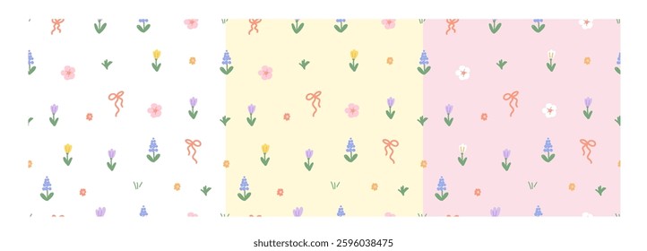 Set of Spring Flowers and Bows Seamless Patterns