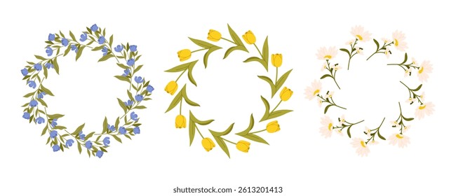 Set of Spring flowers circles. Floral botanical elements with cute spring flowers and leaves. Floral plant branches, stems with blooming blossoms and leaf. Tulips, snowdrops, crocuses, lilies. Flat