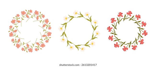 Set of Spring flowers circles. Floral botanical elements with cute spring flowers and leaves. Floral plant branches, stems with blooming blossoms and leaf. Tulips, snowdrops, crocuses, lilies. Flat