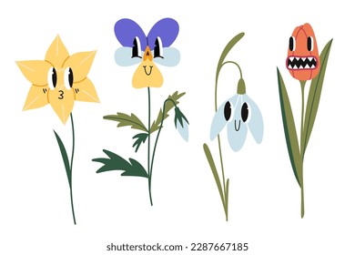 Flores de primavera, personajes de historietas. Ilustración vectorial moderna de moda aislada en fondo blanco, dibujado a mano, diseño plano.