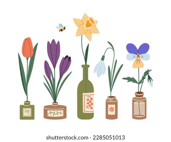 Set of spring flowers in different bottles, cartoon style. Trendy modern vector illustration isolated on white background, hand drawn, flat design.