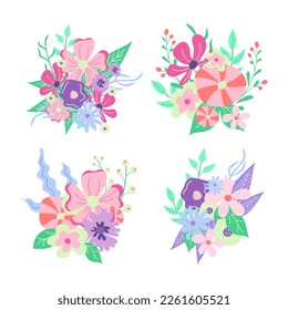 Set of spring flowers hand drawn colored doodles. Isolated design element on white background. Decorative design greeting card, pattern, ornament, post, poster, wallpaper, cover.
