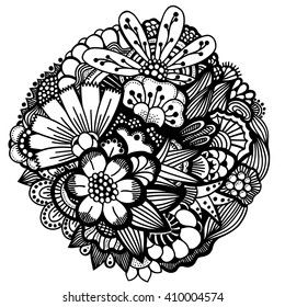 Set of Spring flowers. Hand drawn picture in a circle. Vector illustration. 