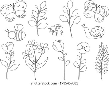 Set spring flowers insects black and white coloring vector illustration