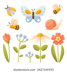 Set of spring flowers and insects. Forest and garden flowering plants with green leaves.