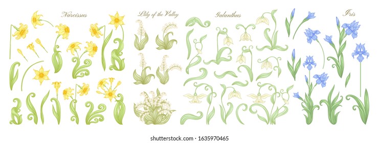 Set of spring flowers: iris, lily of the valley, snowdrop, daffodil. In art nouveau style, vintage, old, retro style. Outline vector illustration.