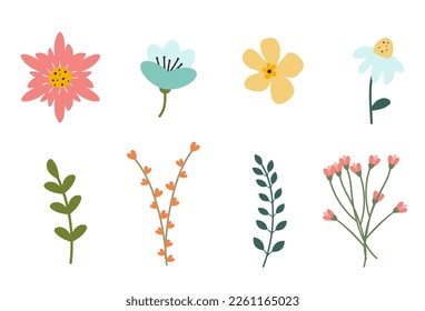 Set of spring flowers. Multicolored flowers and branches on a white background. Vector