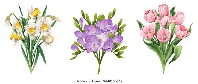 Set of spring flowers on isolated background. Bouquet of daffodils, tulips, freesias for decorating cards, banners, posters, invitations, etc.