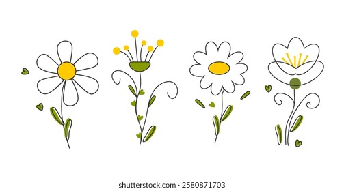 Set of spring flowers in outline on white background. Trendy minimalist flower designs.