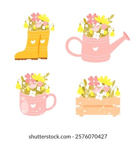 Set of spring flowers in rubber boots, watering can, mug and wooden box. Colorful flower bouquet vector isolated on white background. Hand drawn flat cartoon style. For Mother's day, Easter and so on