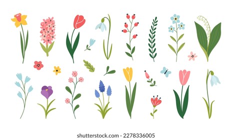 Set of spring flowers. Snowdrop, crocus, tulip, daffodil, hyacinth, muscari, lily of the valley. Wedding concept with flowers. Floral elements for greeting card or invitation design.