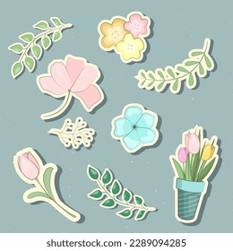 Set of spring flowers stickers in doodles style. Collection of scrapbooking elements, labels. Vector seasonal elements.