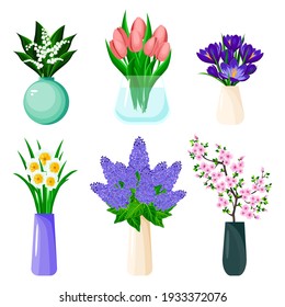 Flores de primavera en un jarrón. Lilac, tulipán, daffodil, lirio del valle, crocus, rama sakura en jarrones. Ilustración de vectores aislada