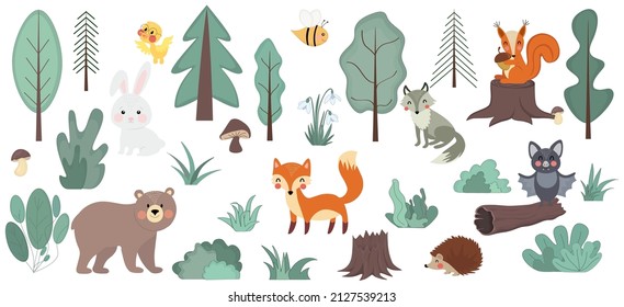 Set spring and forest animals cartoon. Vector. Forest, trees, bushes, Christmas trees and flowers, stump and grass. Wolf, fox, bear, bunny, bat, bee, squirrel, yellow duck, hedgehog, mushrooms.