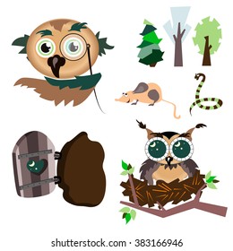 Set of spring forest. Funny character cartoon owl. Owl, mouse, snake, trees, nest,  hollow. The symbol of reason, knowledge, wisdom. Vector illustration. Isolated on white background.