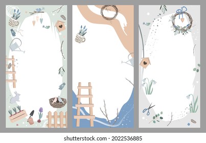 Set of Spring Garden Decoration abstract background in Scandinavian Style with space for text. Vector vertical template for social media stories, greeting cards, shop advertizing banners.