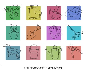 A set of spring and garden icons in a outline style with color background. Attributes of spring and garden. Vector illustration.