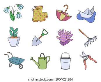A set of spring and garden icons in a outline style. Vector doodle illustration.